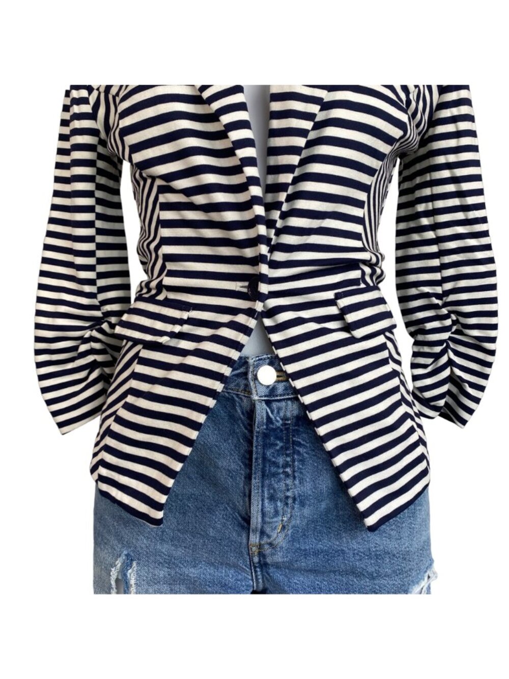 Striped Navy & White Blazer Jacket Womens Small Body Central Rayon Blend - Picture 3 of 10